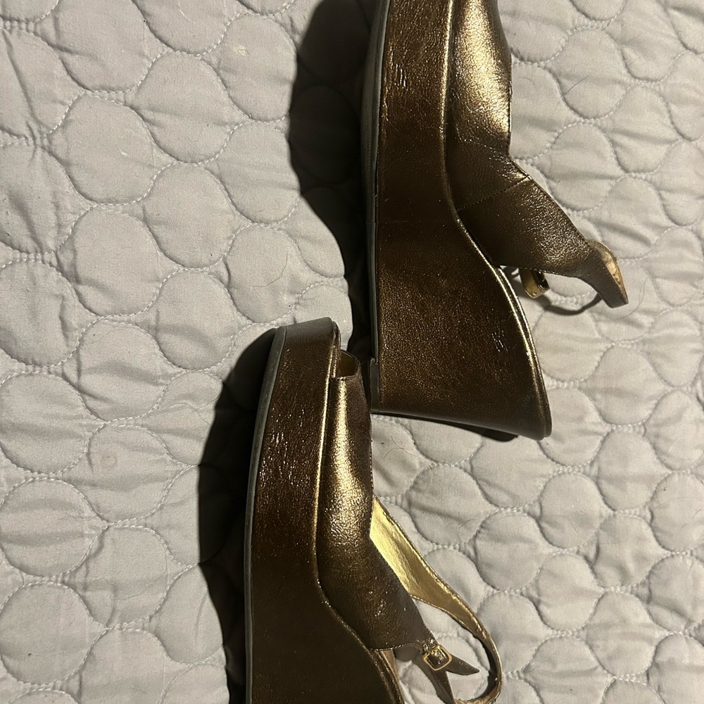 Mark Fisher platform sandals. Sharp, lovingly worn. Bronze 7 1/2 M